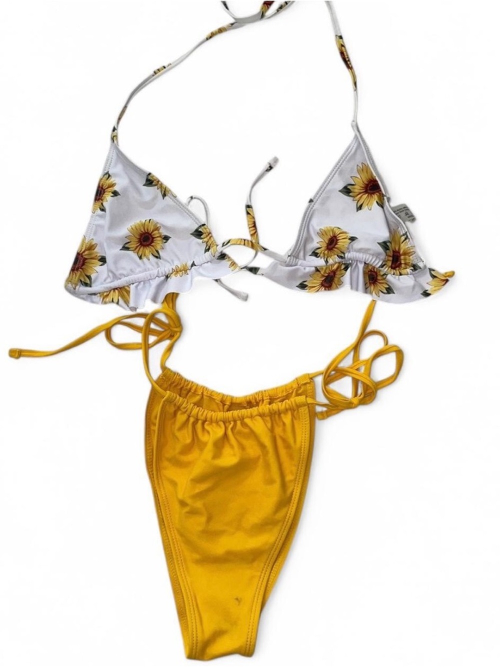 White & Yellow Sunflower ruffle Triangle Bikini